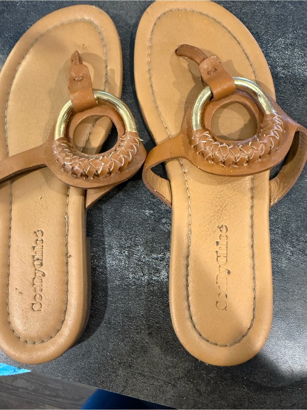See By Chloe Cognac Braided Ring Toe-Post Sandals with Gold Accent